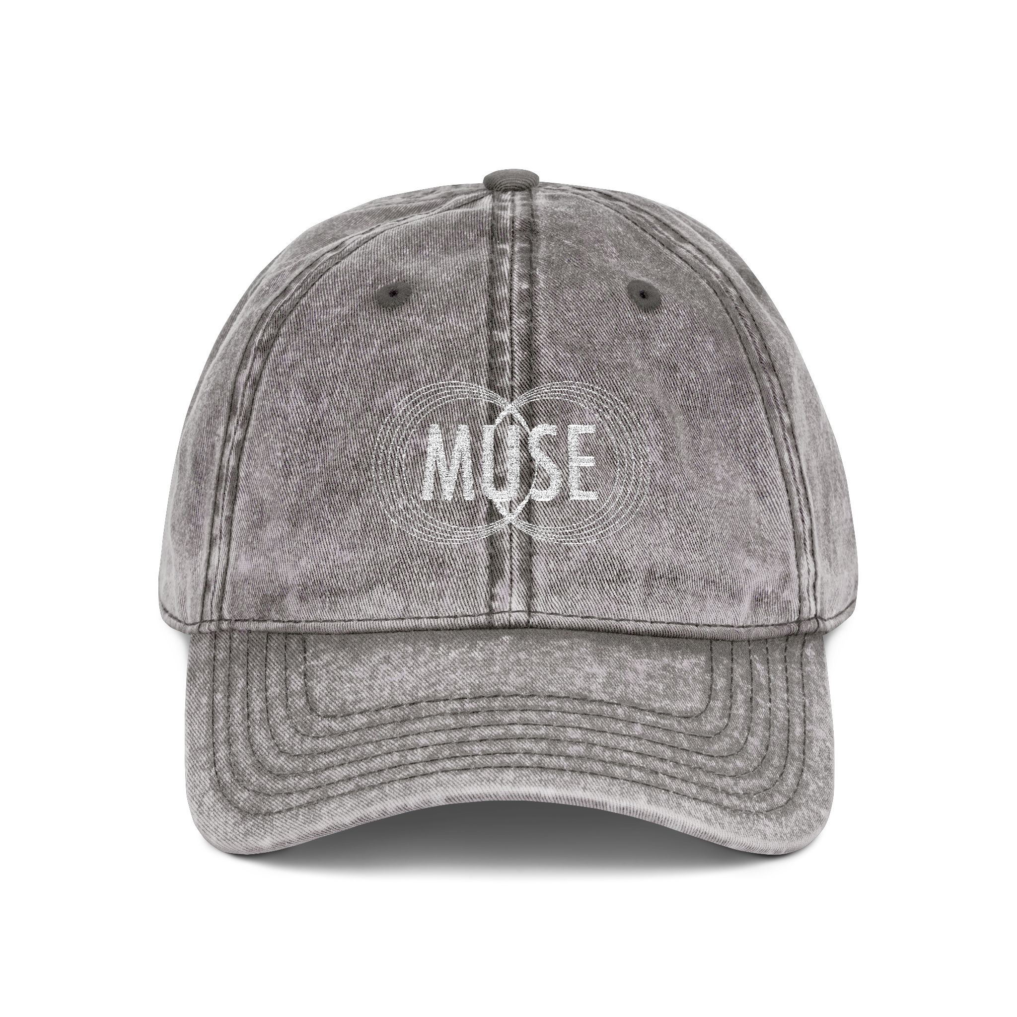 Vintage Embroidered Cap — Distressed Gray 'MUSE' Logo Hat