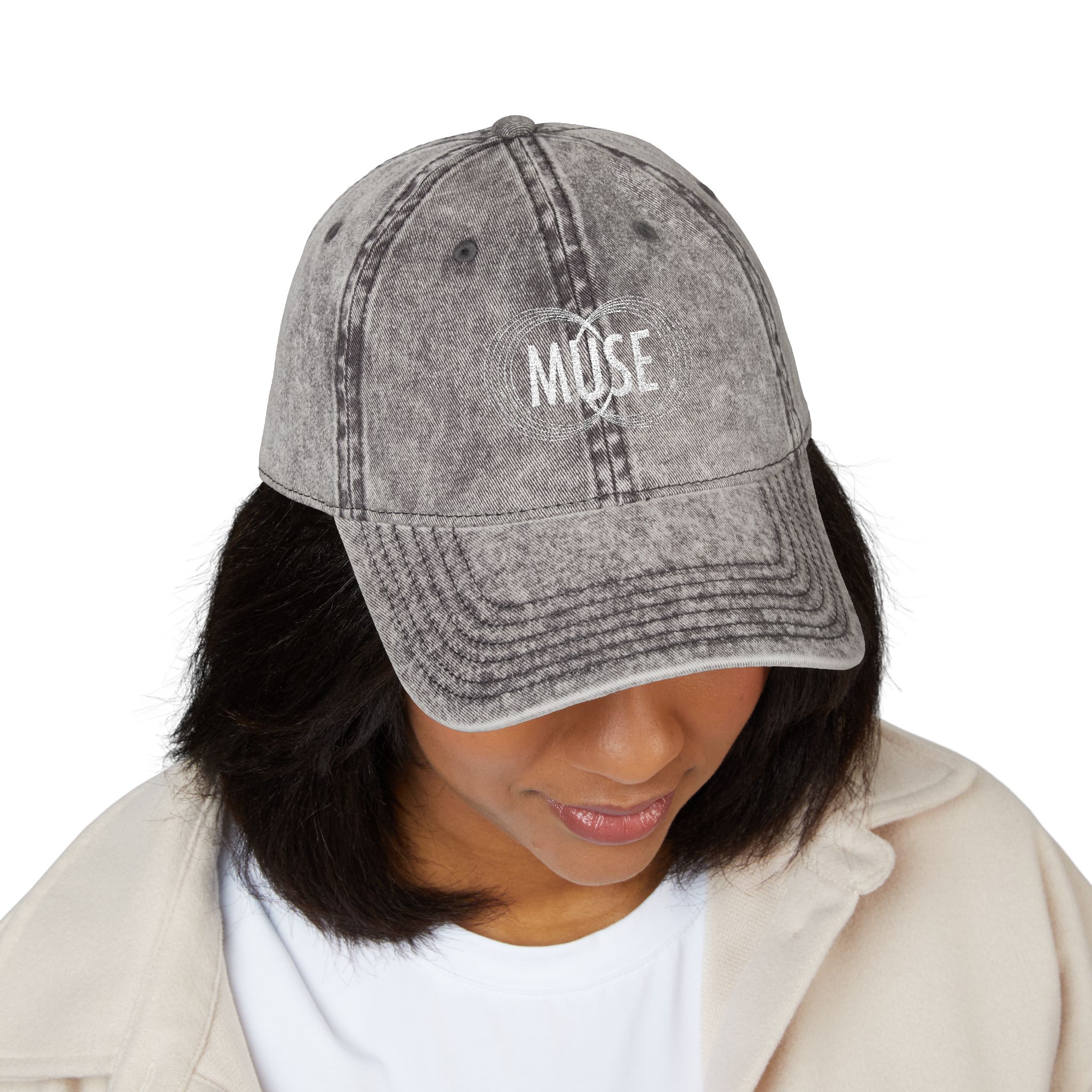 Vintage Embroidered Cap — Distressed Gray 'MUSE' Logo Hat - Image 3